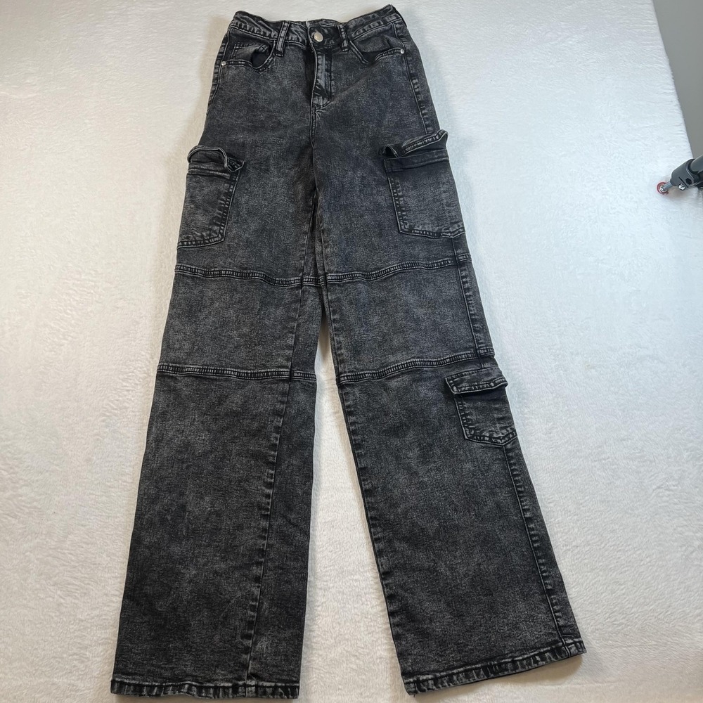 Rise Jeans Womens 26 Gray Acid Wash High Rise Relaxed Wide Leg Cargo Denim Pants